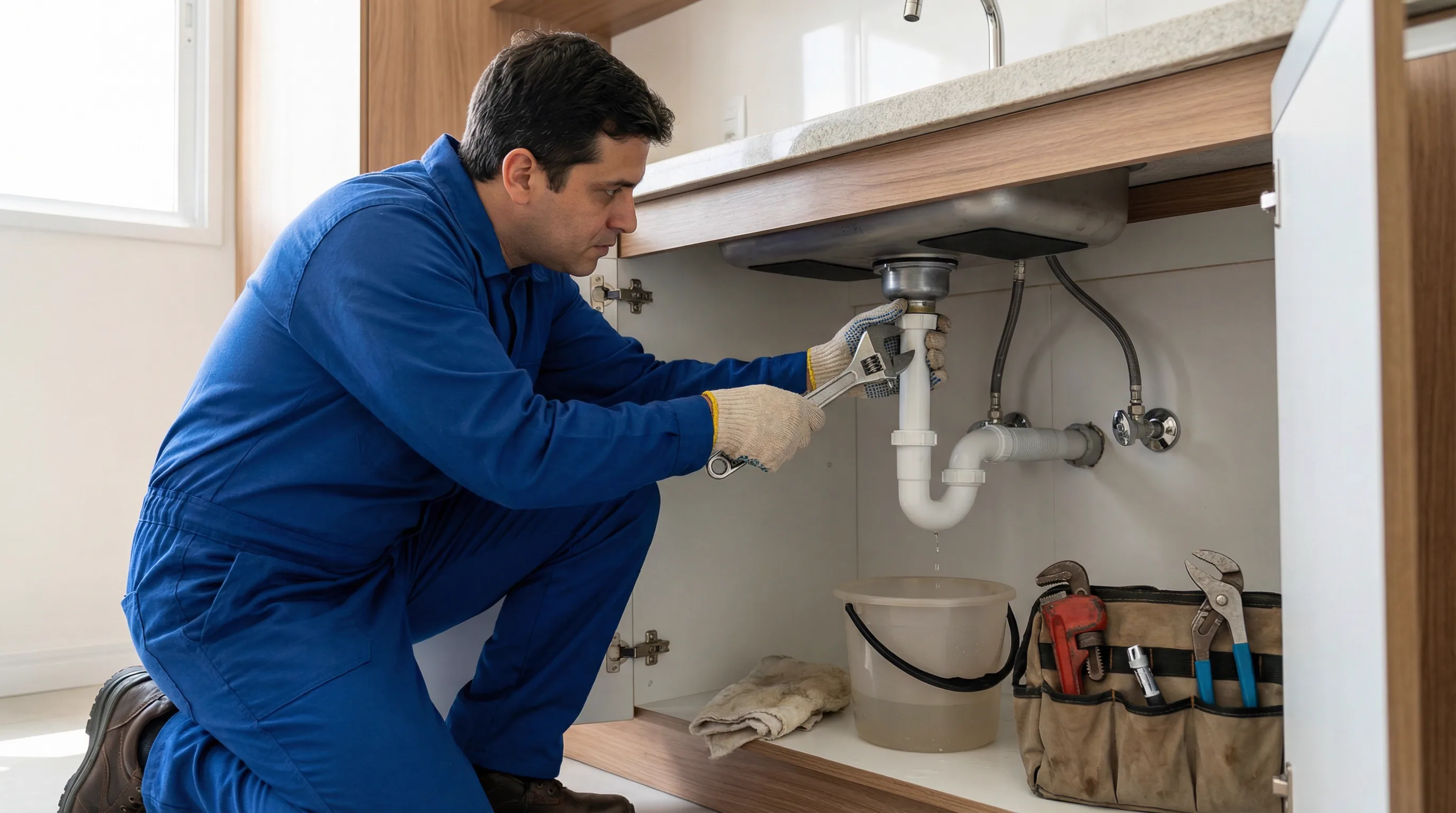 Profissional de caça vazamento realizando inspeção hidráulica embaixo da pia no Residencial Village D'Avignon
